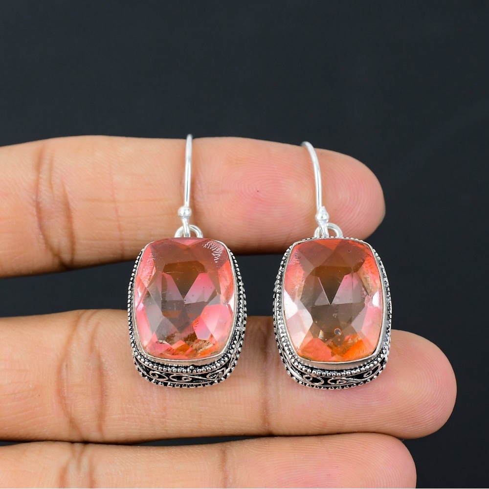 Top-quality Bicolor Tourmaline Gemstone Earrings Wrapped in 925 Sterling Silver - Picture 3 of 3
